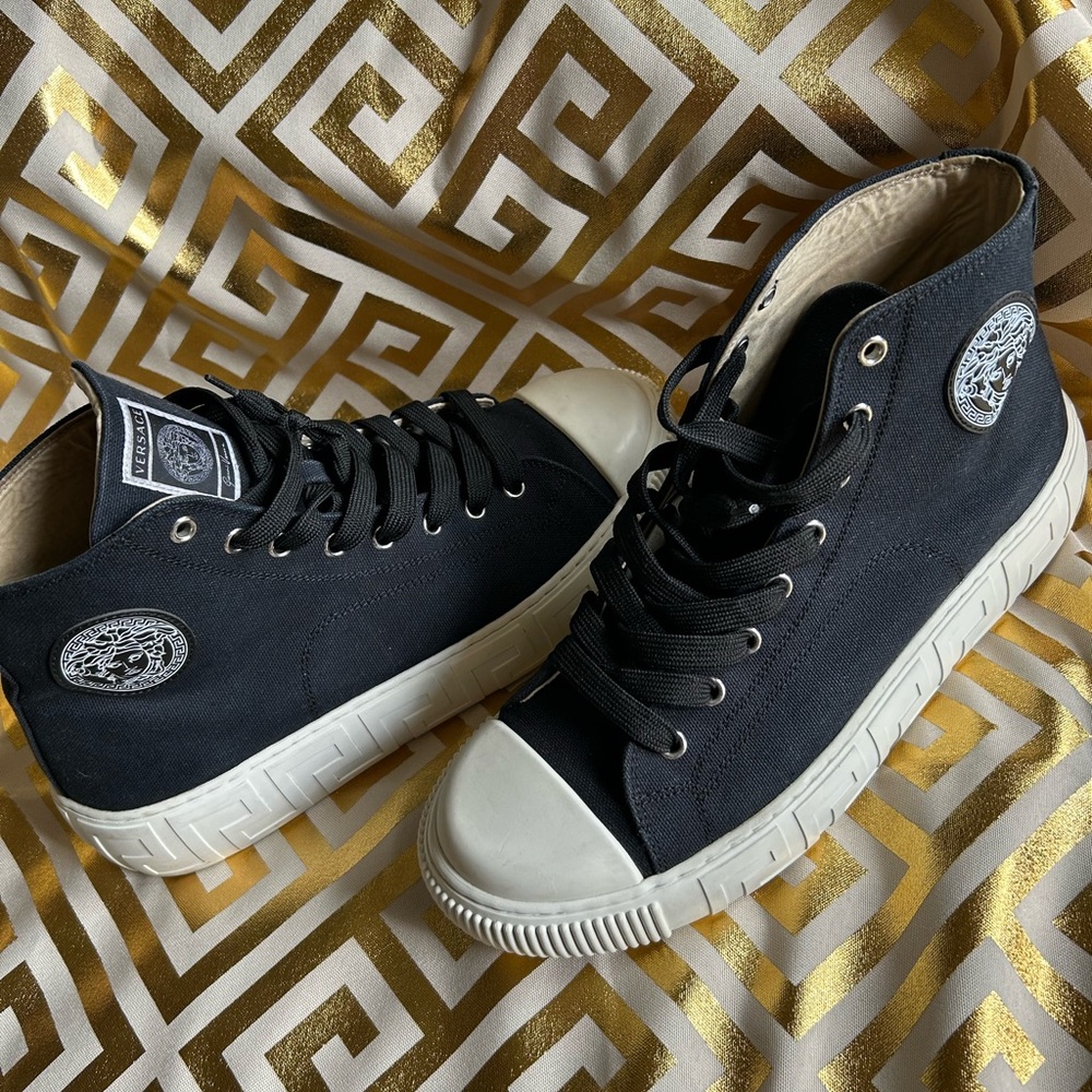 Versace Black Canvas Sneakers with White Soles